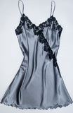 ITALIAN SILK SLIP WITH LACE - CHARCOAL GREY with BLACK LACE - WRAP OVER DESIGN